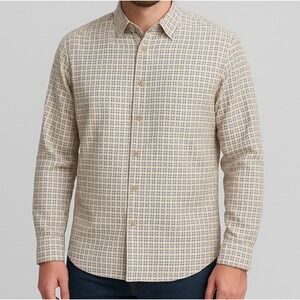 David Taylor Mens Button Up Shirt XL Beige Blue Geometric Print Long Sleeve